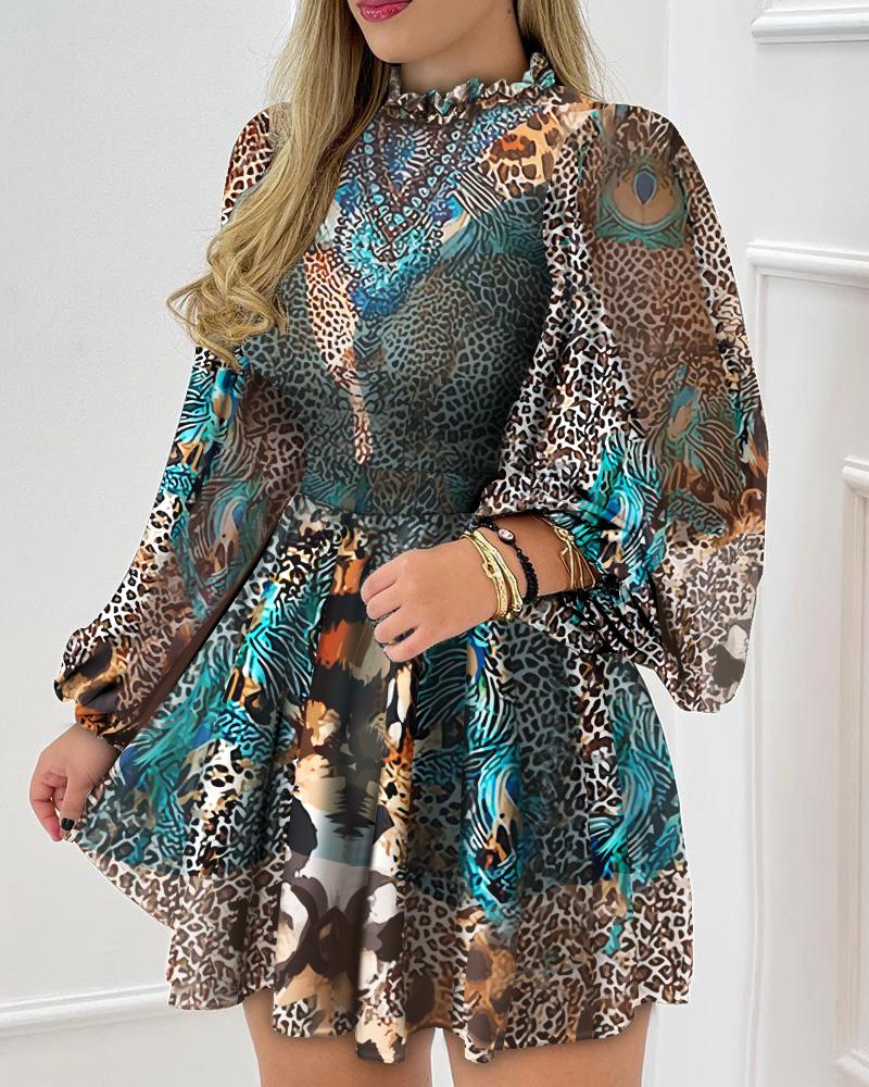 

Leopard Print Lantern Sleeve Frill Hem Mesh Dress