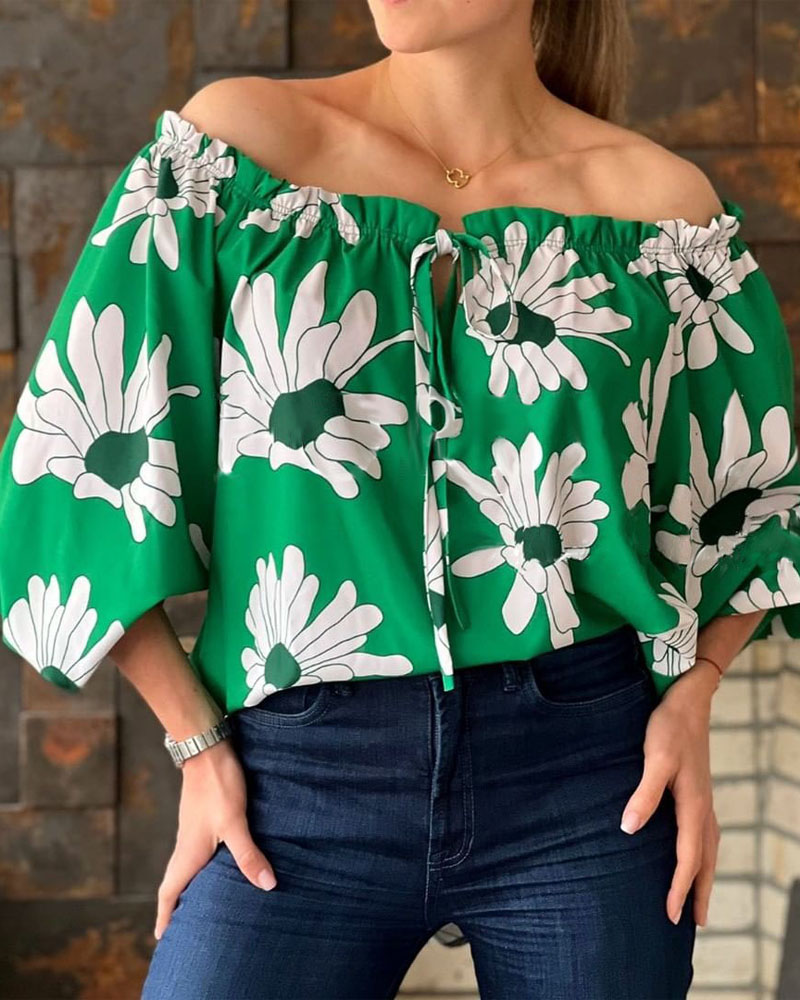 

Off Shoulder Frill Hem Floral Print Top, Green
