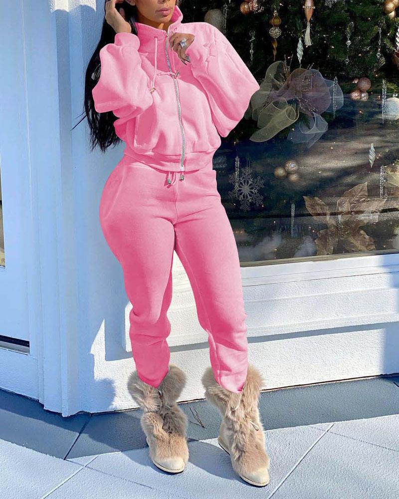 

Long Sleeve Zip Up Top & Drawstring Pants Set, Pink