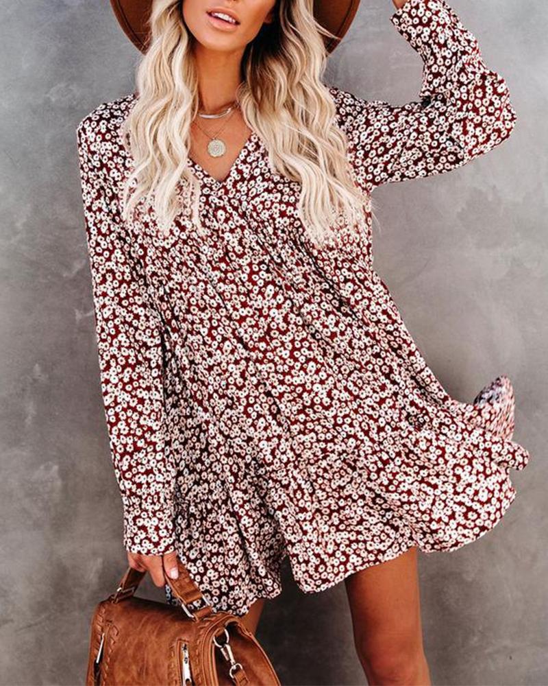 

Ditsy Floral Print V-Neck Long Sleeve Smock Dress, Wine red