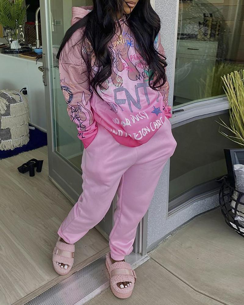 

Cartoon Letter Print Hooded Top & Pants Set, Pink