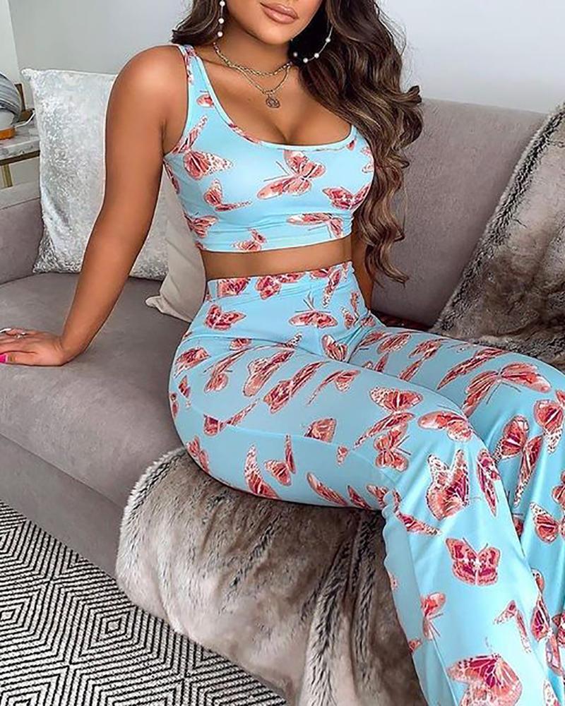 

Floral Print Crop Top & Wide Leg Pants Sets, Blue