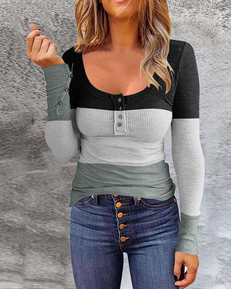 

Colorblock Button Detail Long Sleeve Ribbed Top, Green