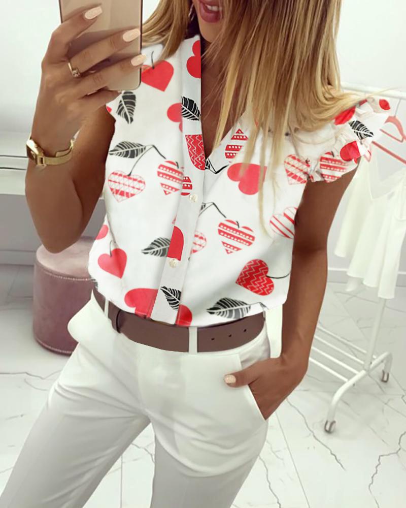 

Cherry Print Flutter Sleeve Casual Blouse, White