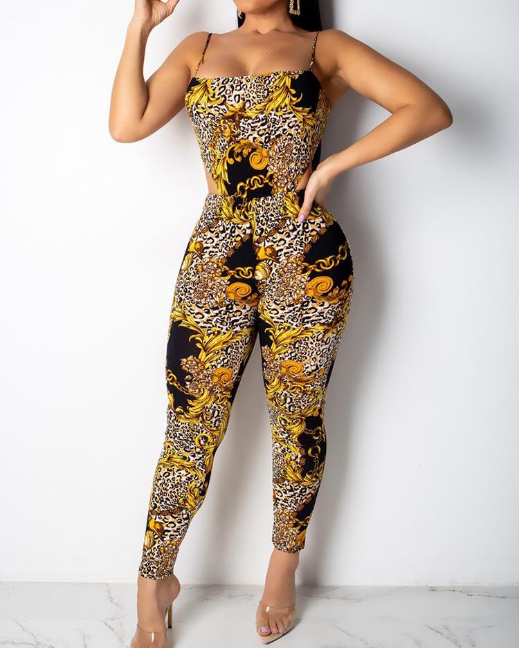 

Spaghetti Strap Chain Leopard Print Jumpsuit, Gold