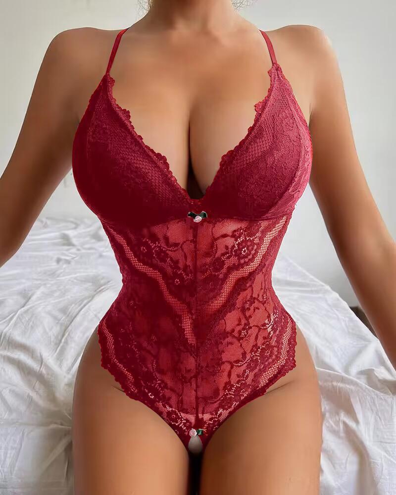 

Spaghetti Strap Crisscross Backless Lace Teddy, Wine red