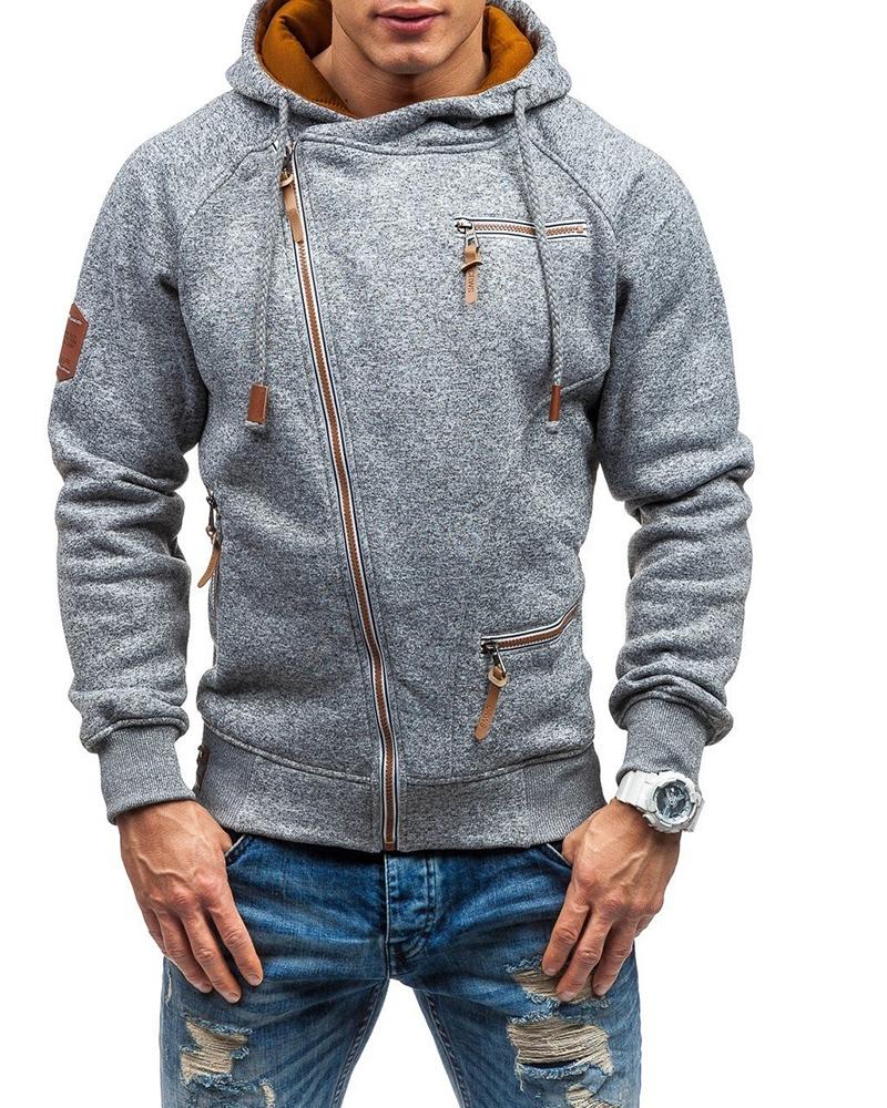 

Men Zip Decor Long Sleeve Hooded Top, Gray