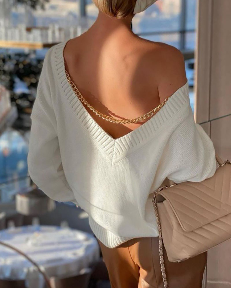 

Chain Decor Backless Long Sleeve Sweater, White