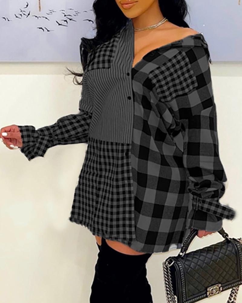 

Plaid Print Colorblock Pocket Design Shirt Dress, Black