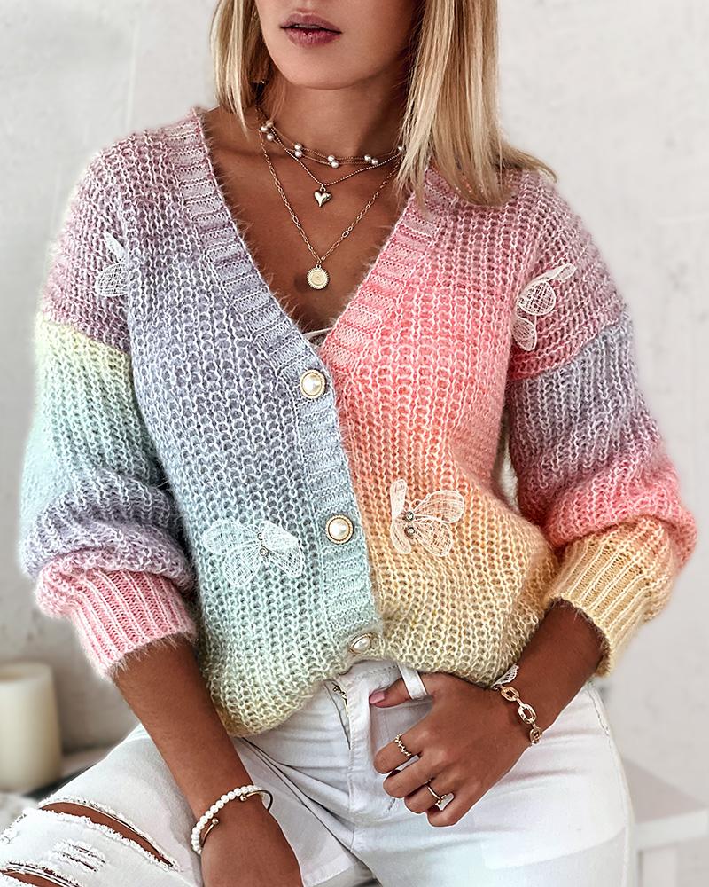 

Colorblock Butterfly Pattern Buttoned Cardigan, Multicolor