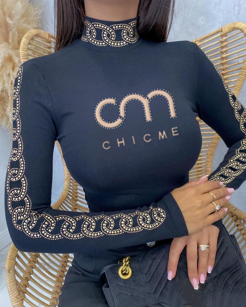 

ChicMe Letter Embroidery Rhinestone Decor High Neck Top, Black