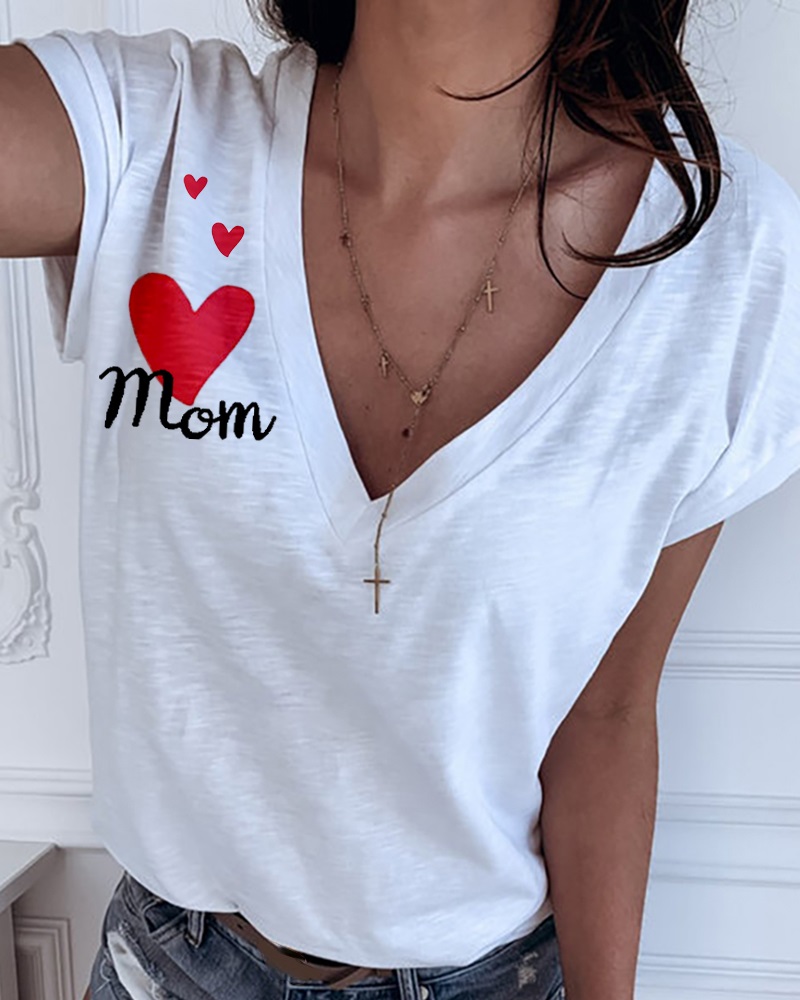 

Mother' Day Heart Letter Print V-neck Casual T-shirt, White