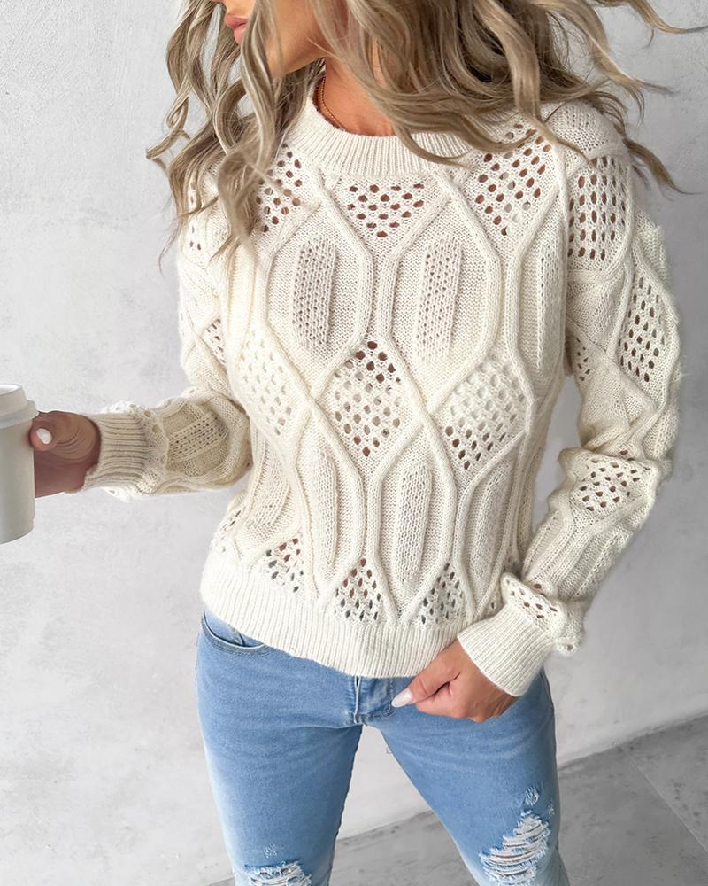 

Mock Neck Hollow-out Knit Sweater, Beige