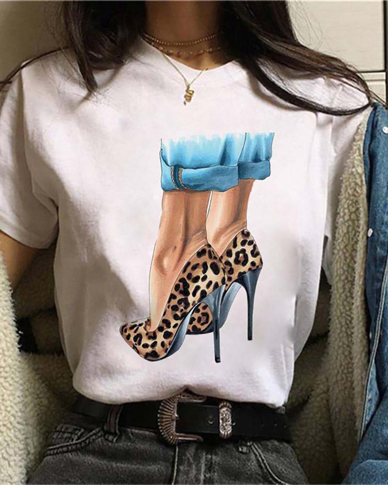 

Figure Graphic Letter Print Short Sleeve Casual T-shirt, Style2