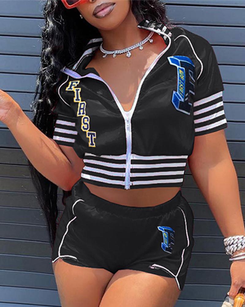 

Letter Patch Zip Front Crop Top & Shorts Set, Black