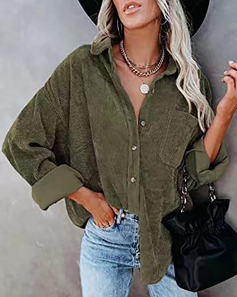

Button Pocket Design Long Sleeve Casual Shirt, Army green