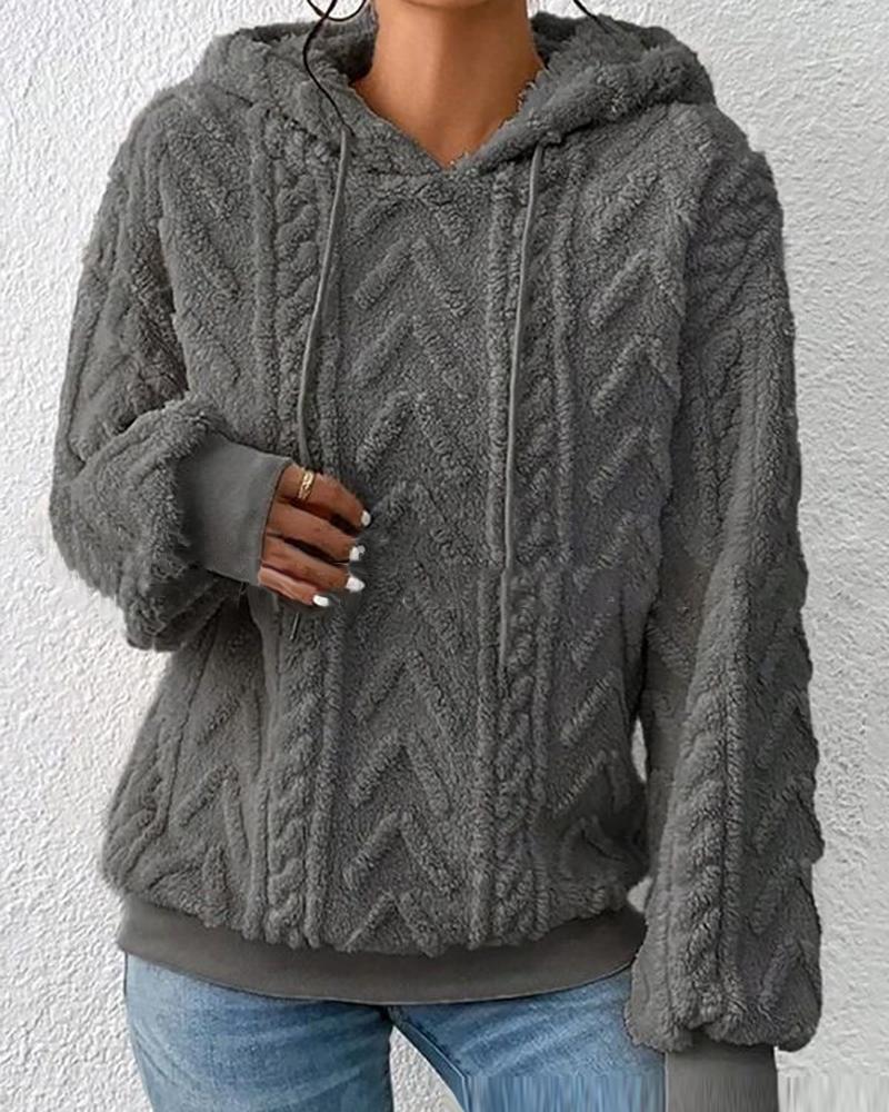 

Fuzzy Cable Textured Casual Hoodie, Dark grey