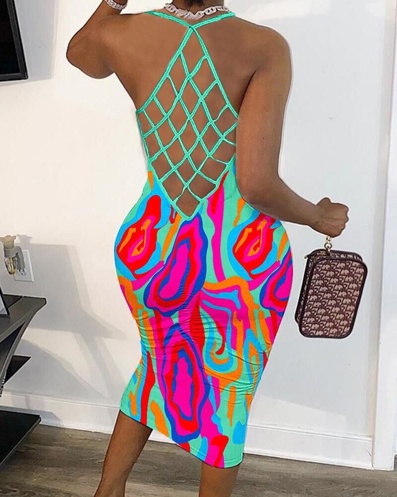 

Abstract Print Fishnet Backless Bodycon Dress, Green