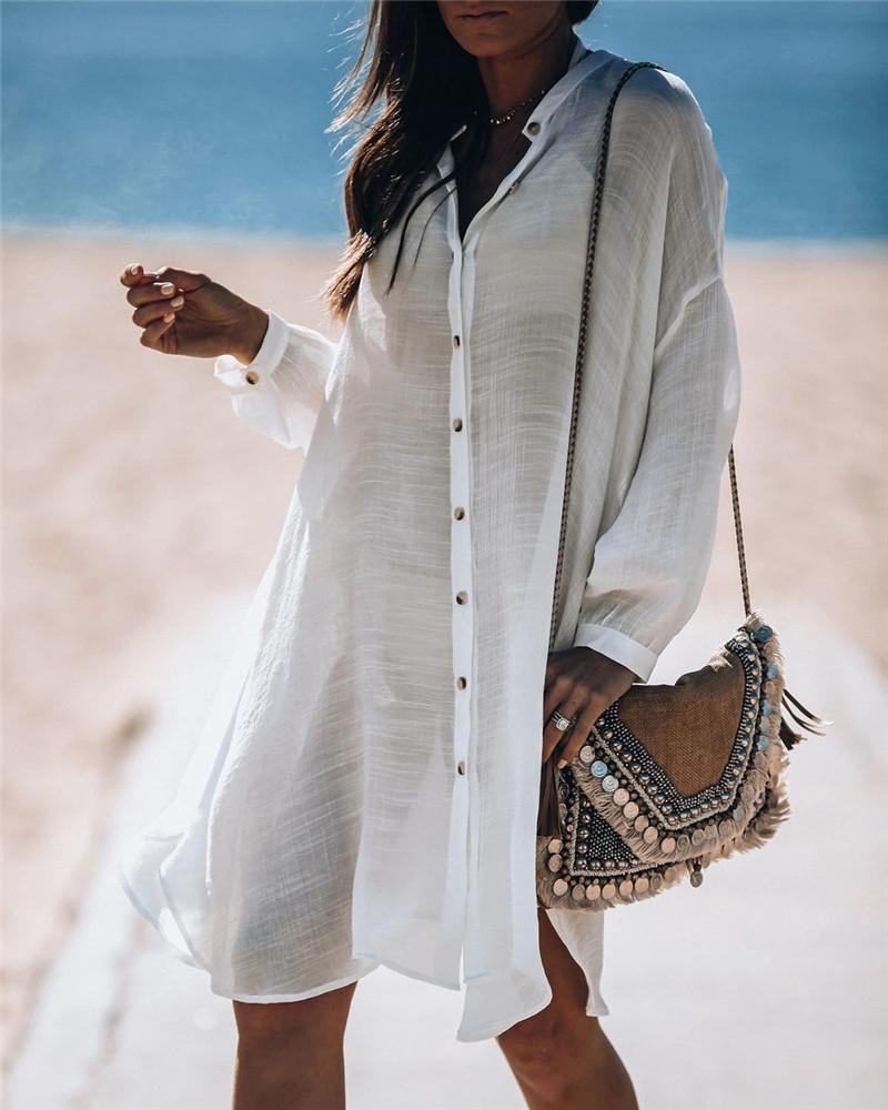 

Long Sleeve Button Front Cover Up, White