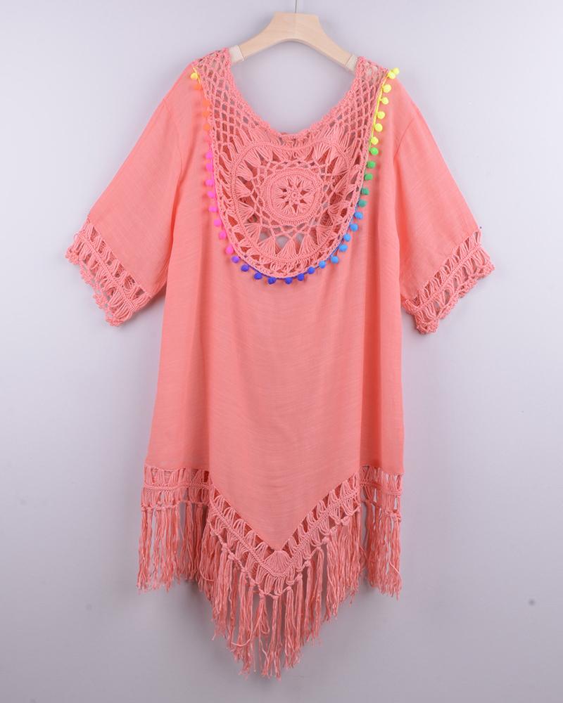

Colorful Pom Pom Tassel Design Cutout Cover Up Dress, Pink