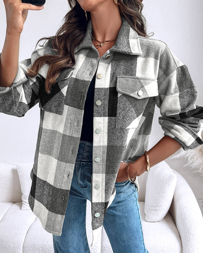 

Vintage Plaid Print Turn-down Collar Button Front Jacket Casual Flap Pockets Design Loose Brushed Shirt Coat, Black