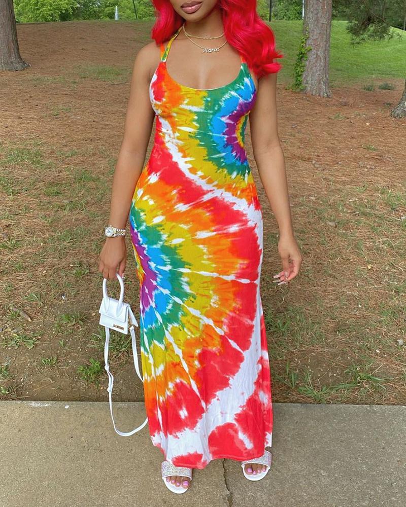 

Sexy Digital Floral Print Asymmetrical Long Dress, Multicolor