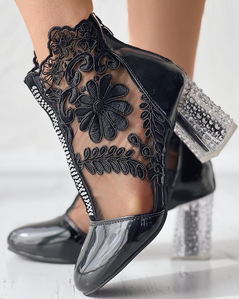 

Floral Embroidery Clear Chunky Heel Boots, Black