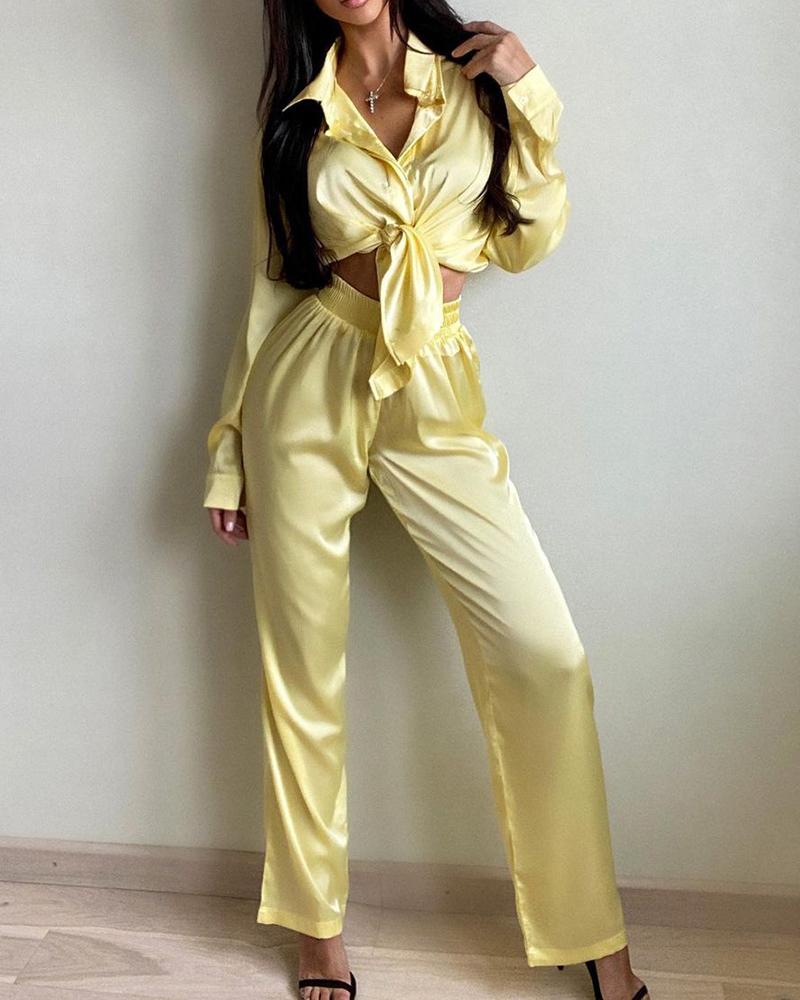 

Satin Long Sleeve Shirt & High Waist Pants Set, Yellow