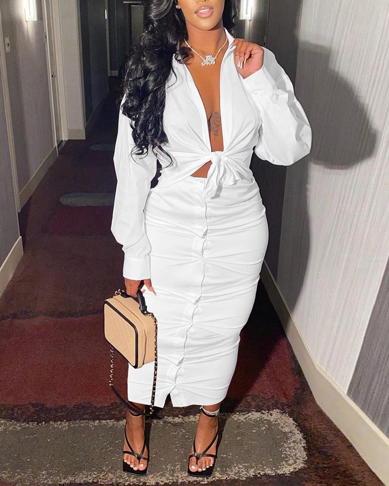

Solid Color Knot Front Top & Button Through Skirt Set, White