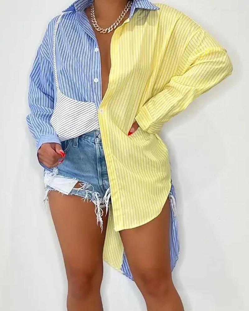 

Colorblock Asymmetrical Hem Button Down Shirt, Multicolor