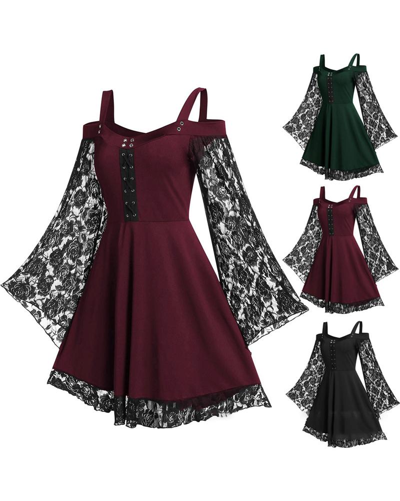 

Halloween Party Cosplay Women Costume Contrast Lace Bell Sleeve Cold Shoulder Medieval Vintage Dress, Wine red