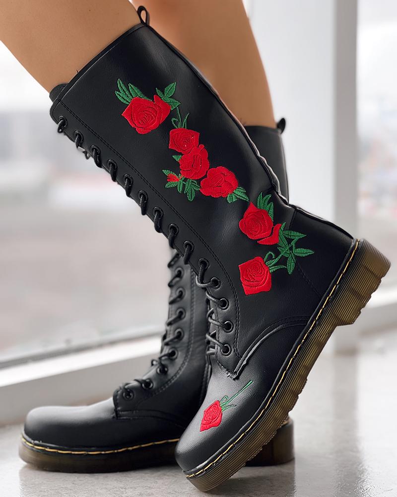 

Floral Embroidery Lace-up Calf Martin Boots, Black