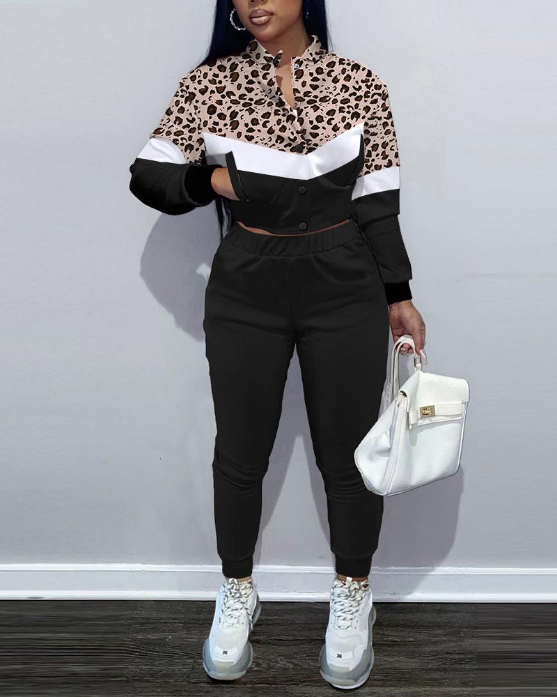 

Leopard Print Button Front Bomber Jacket & Pants Set
