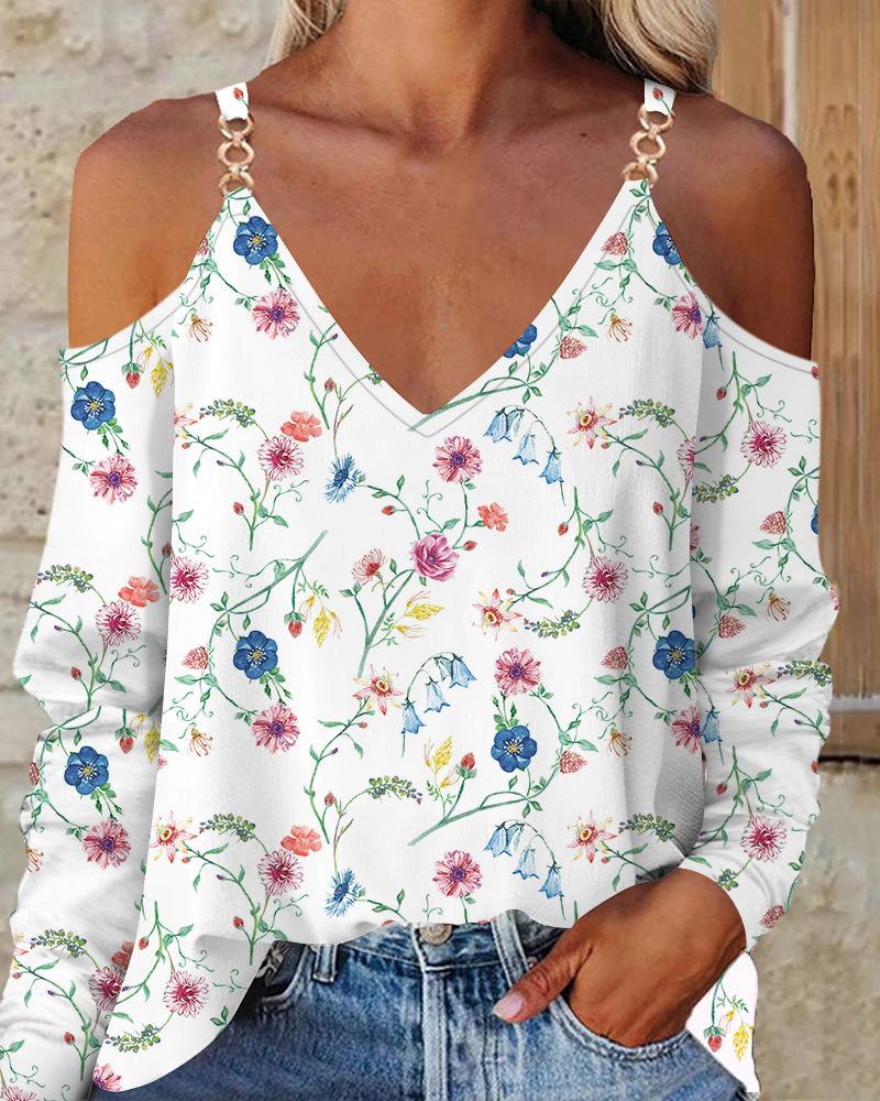 

Floral Print Cold Shoulder Top, White