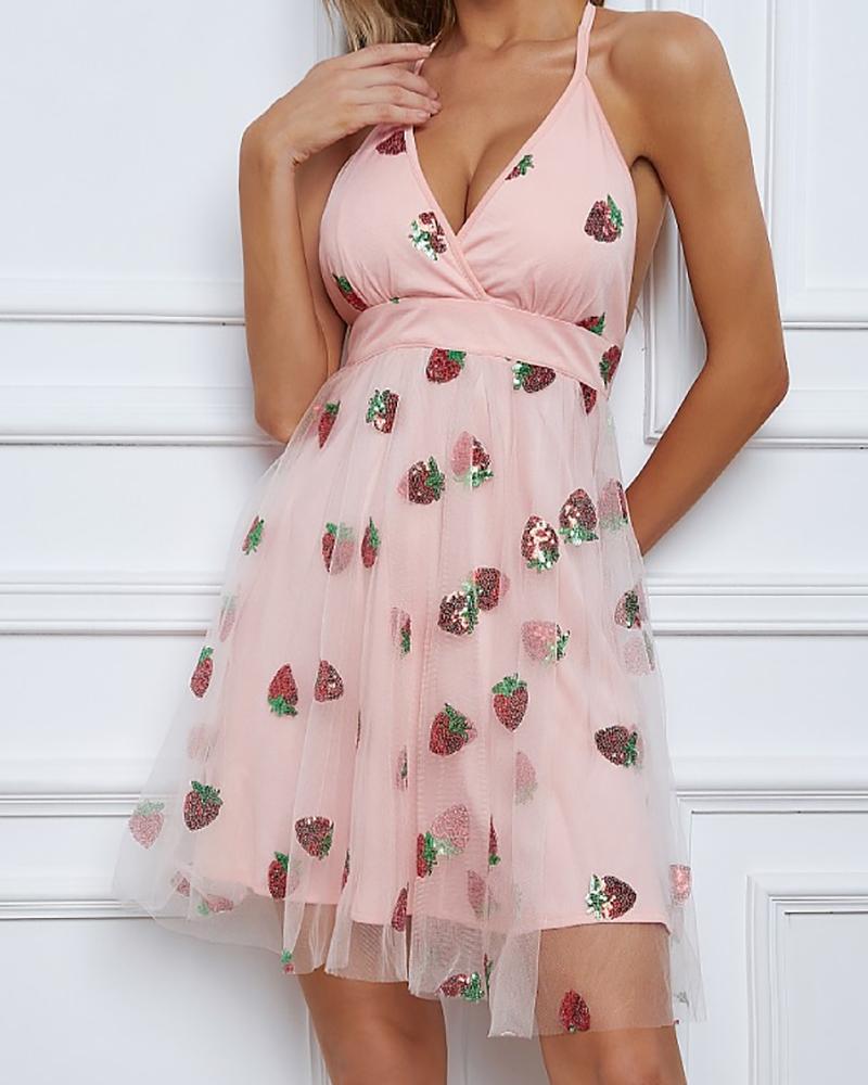

Halter Strawberry Pattern Sequins Backless Mesh Dress, Pink