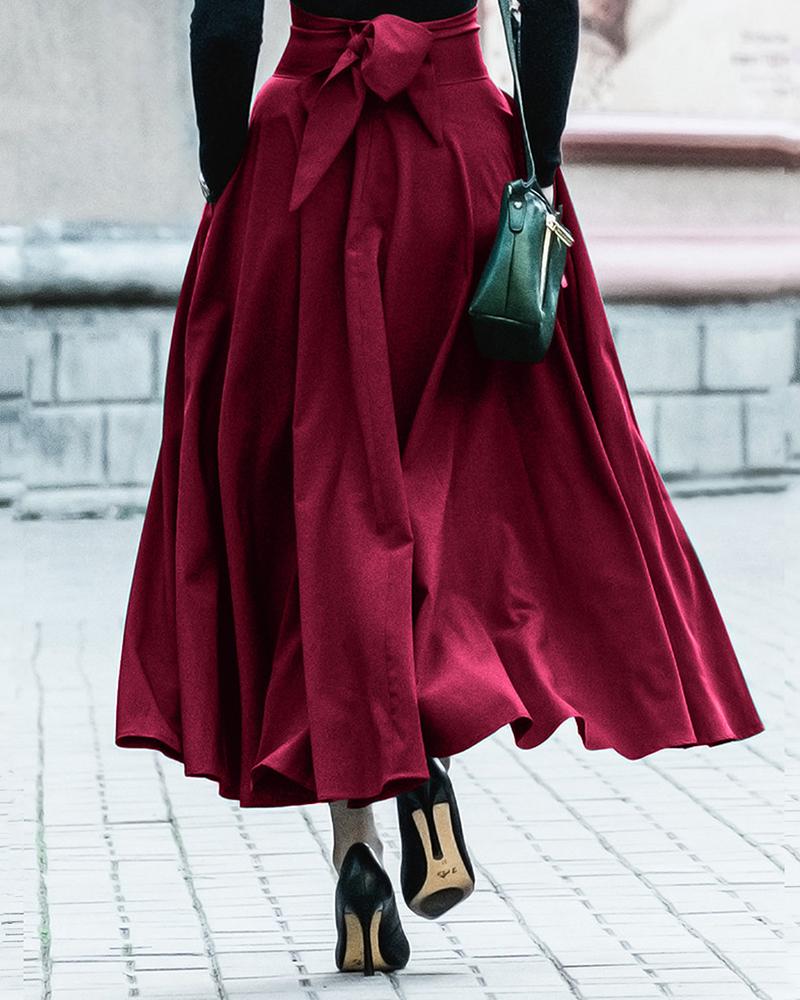 

High Waist Tied Detail Maxi Skirt, Wine red