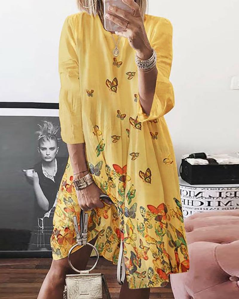 

Butterfly Print Long Sleeve Casual Dress, Yellow