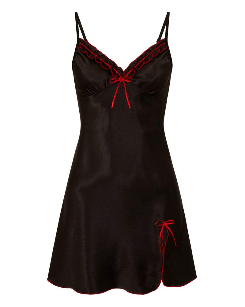 

Spaghetti Strap Bowknot Decor Slit Sleep Dress, Black