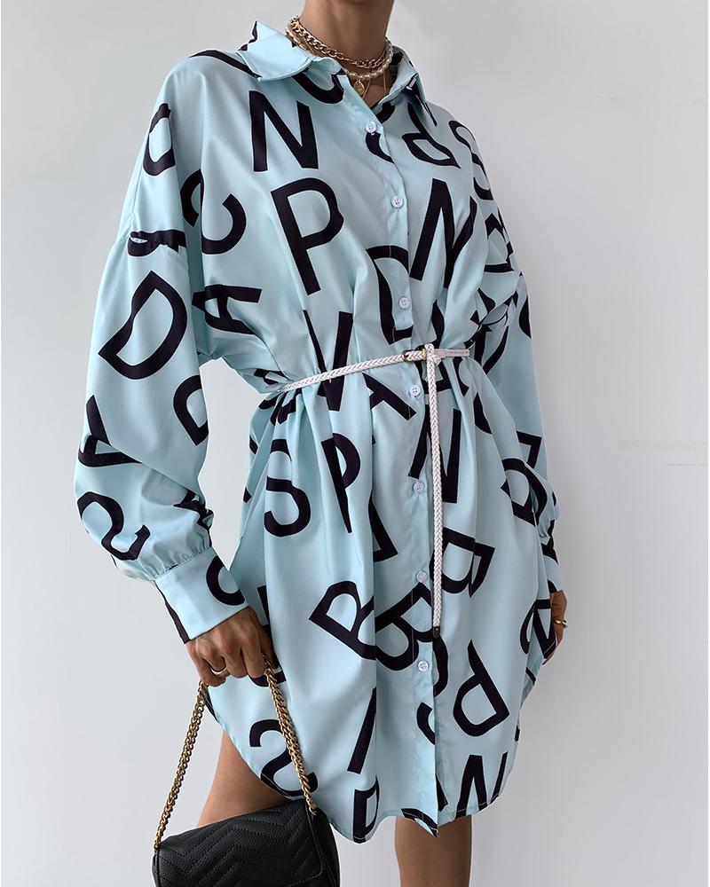 

Letter Print Button Design Casual Shirt Dress, Sky blue