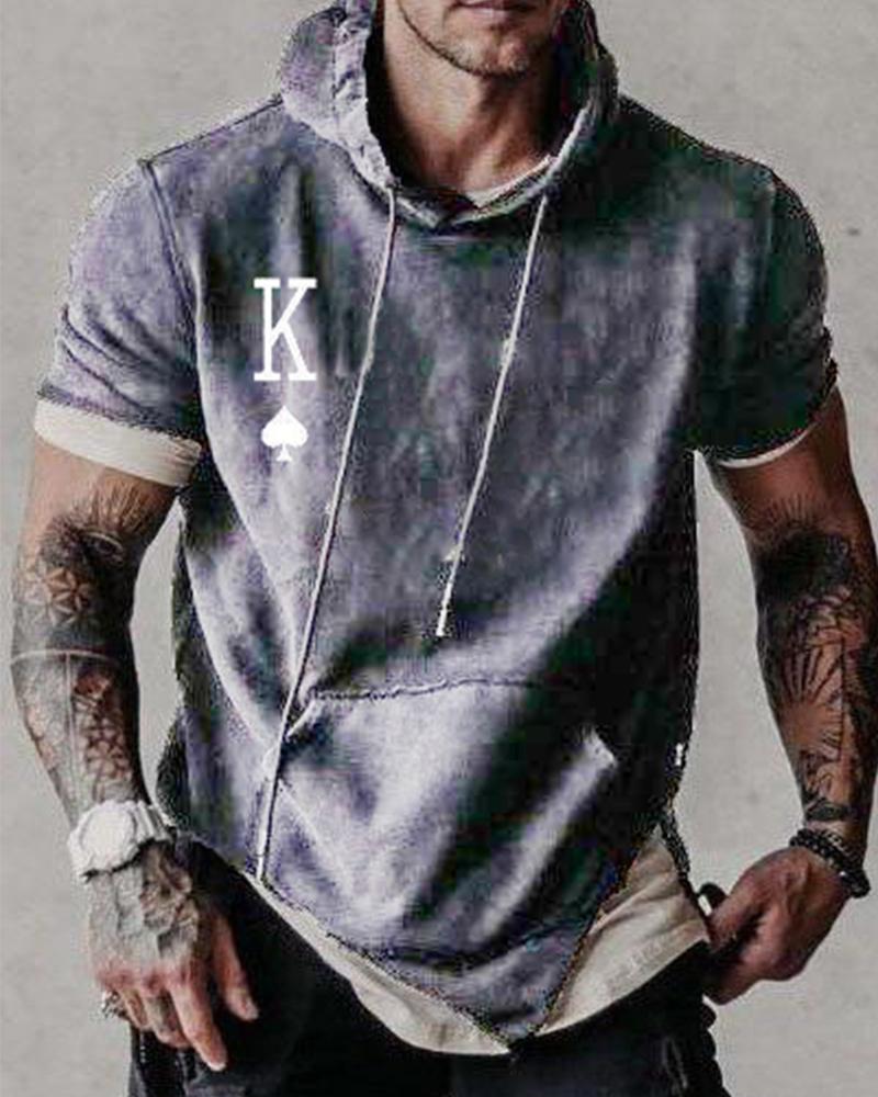 

Poker Logo Print Short Sleeve Hooded Sweatshirts, Gray