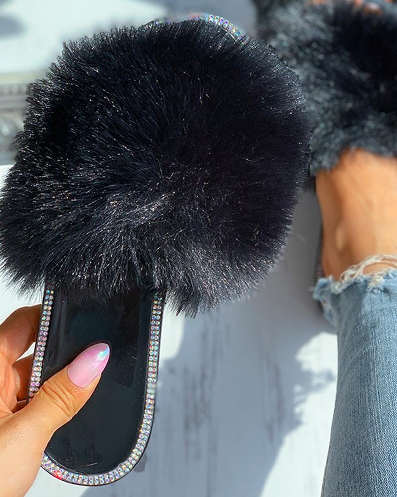 

Fluffy Peep Toe Plain Slippers, Black