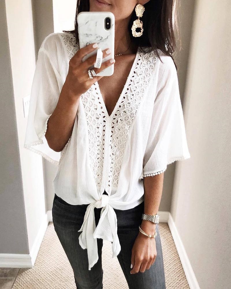 

Batwing Sleeve Hollow-out Lace Patch Top, White