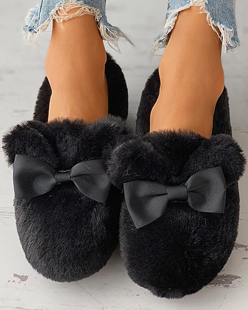 

Ear Design Bowknot Fluffy Close Toe Shoes, Black