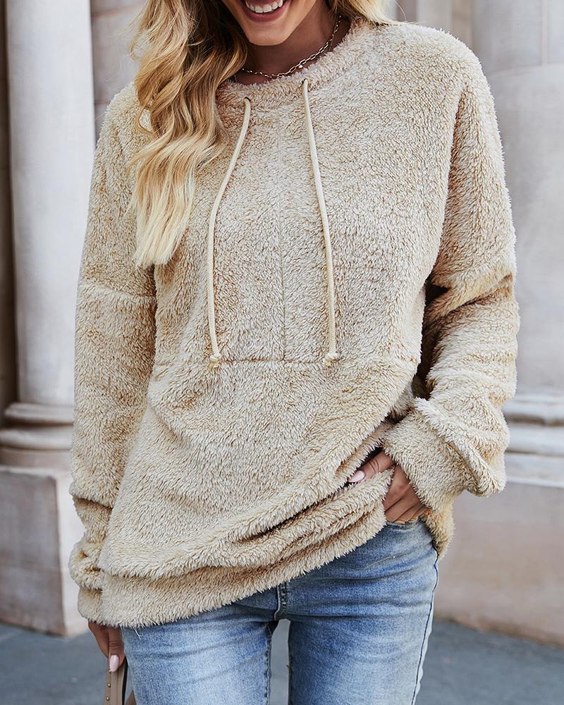 

Round Neck Long Sleeve Teddy Sweatshirt, Khaki
