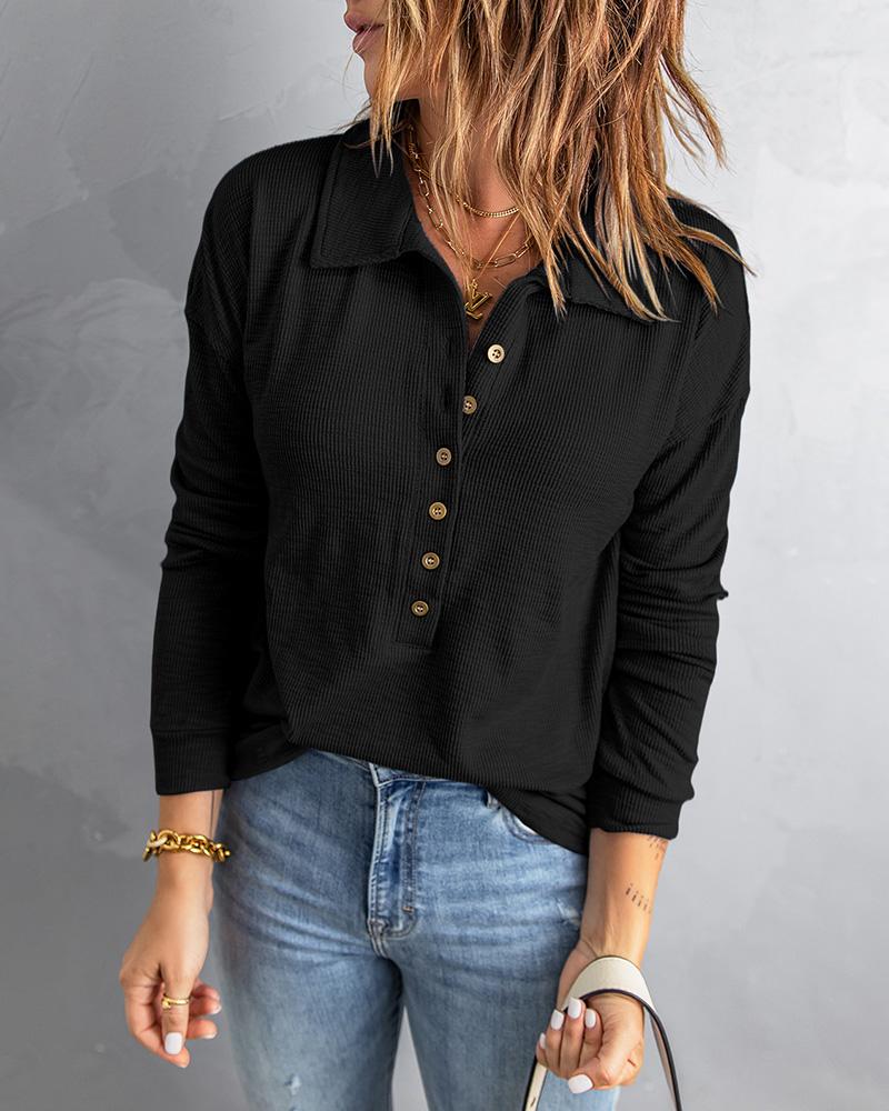 

Button Front Long Sleeve Casual Knit Top, Black