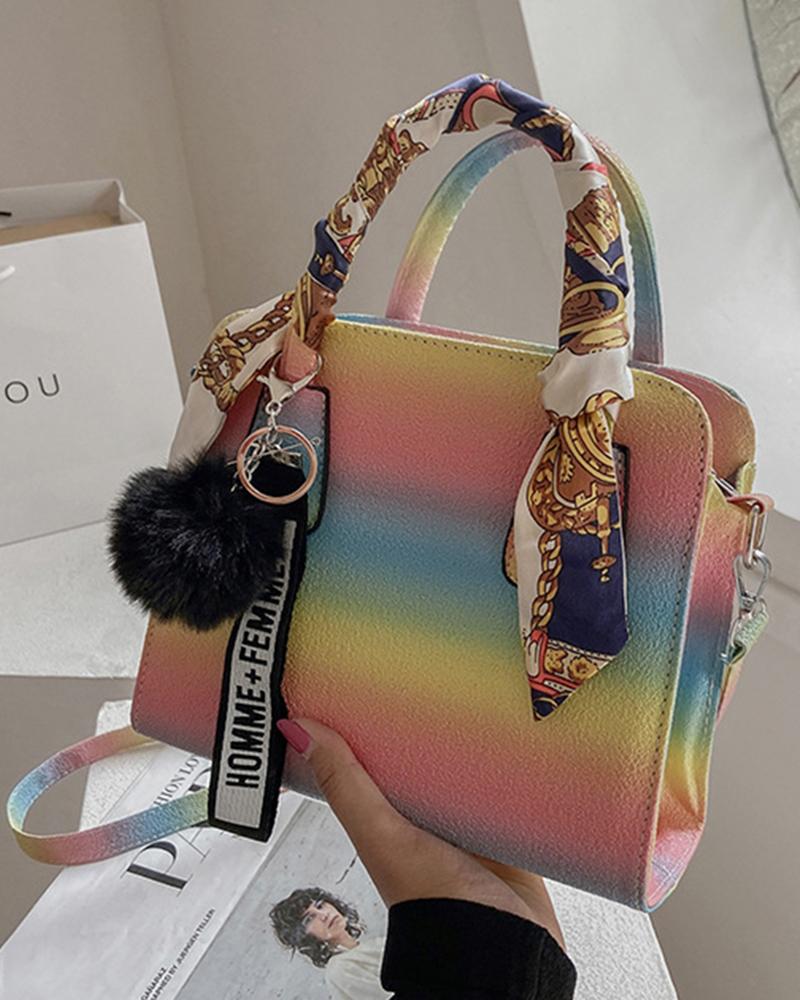 

Rainbow Gradient Top Handle Satchel Bag With Scarf, Pink