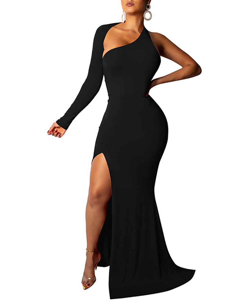 

Asymmetrical One Shoulder High Slit Backless Mermaid Dress, Black