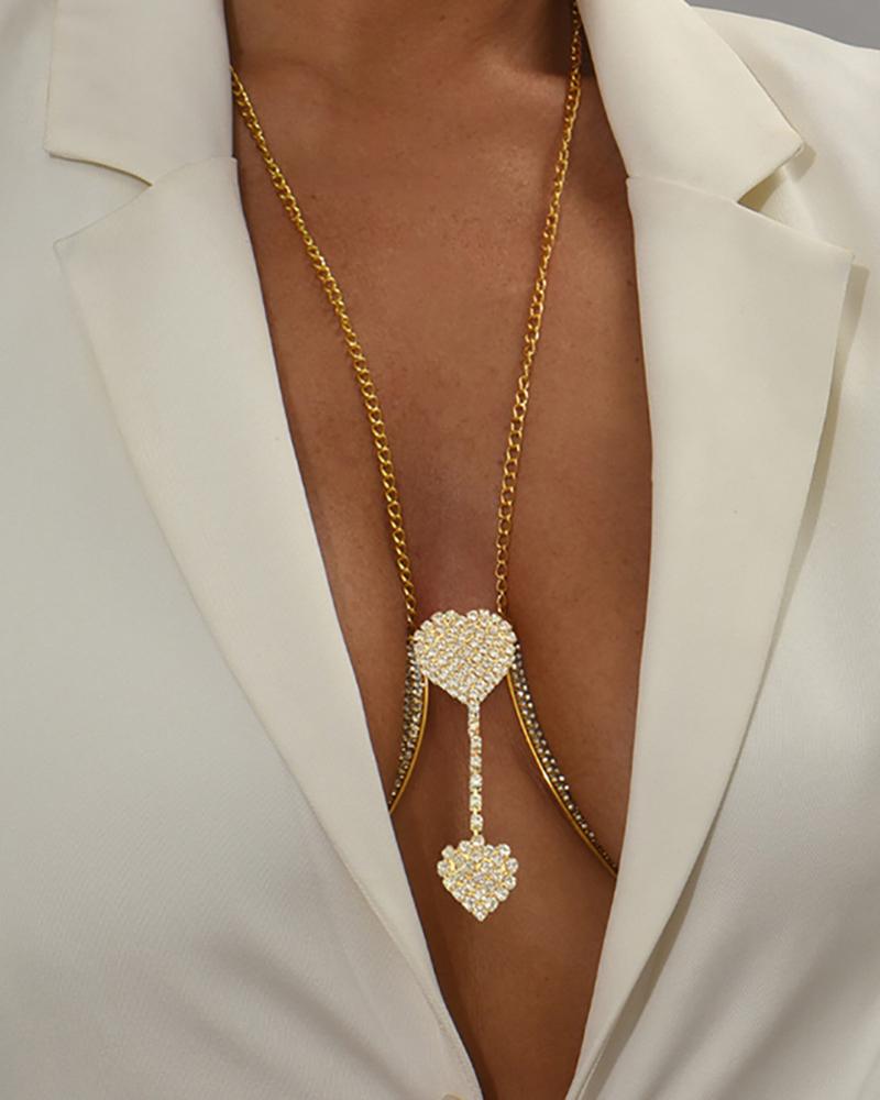 

Rhinestone Double Heart Shaped Body Chain, Gold