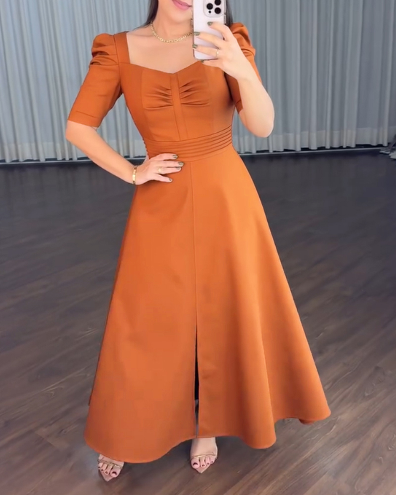 

Solid V-Neck Puff Sleeve Ruched Slit Dress Casual Cinched Waist Maxi Dress, Orange