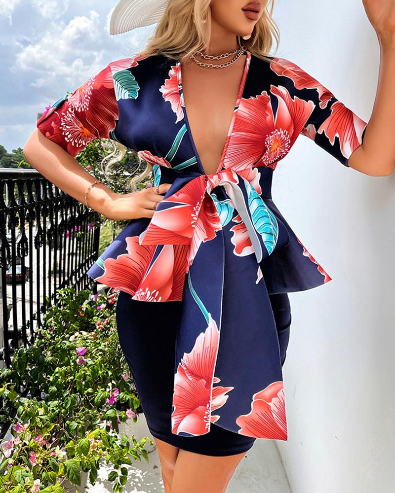 

Plunge Floral Print Bowknot Decor Ruffles Bodycon Dress, Purplish blue
